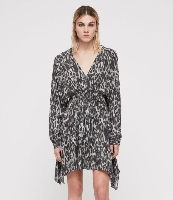 All Saints Dresses & Skirts - All Saints Nichola Gray Leopard Animal V-Neck Handkerchief Mini Dress Size M